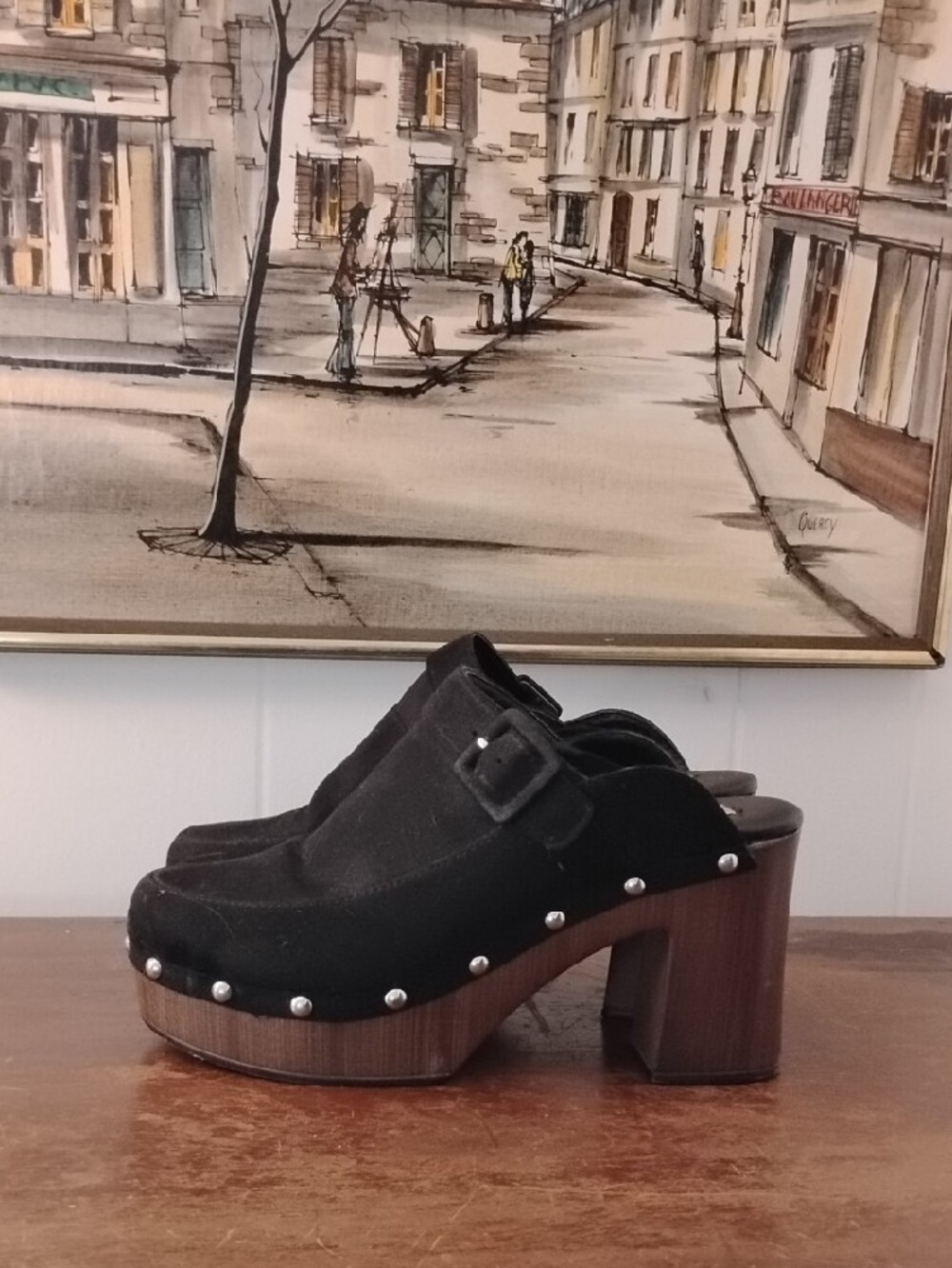 Sugar Black Studded Clog Mules with Wood Block Heel - Picture 3 of 8